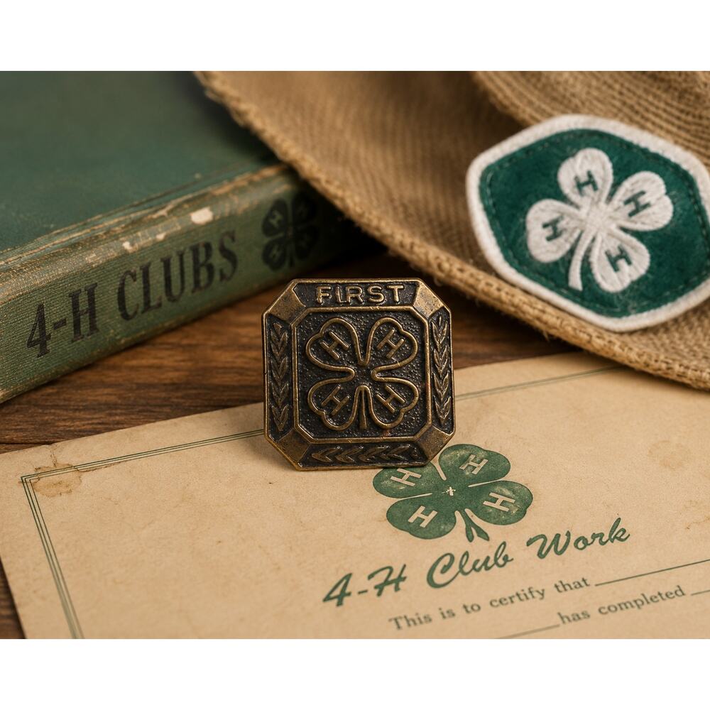 Vintage 4-H FIRST Award Pin Bronze Tone Clover Lapel Badge